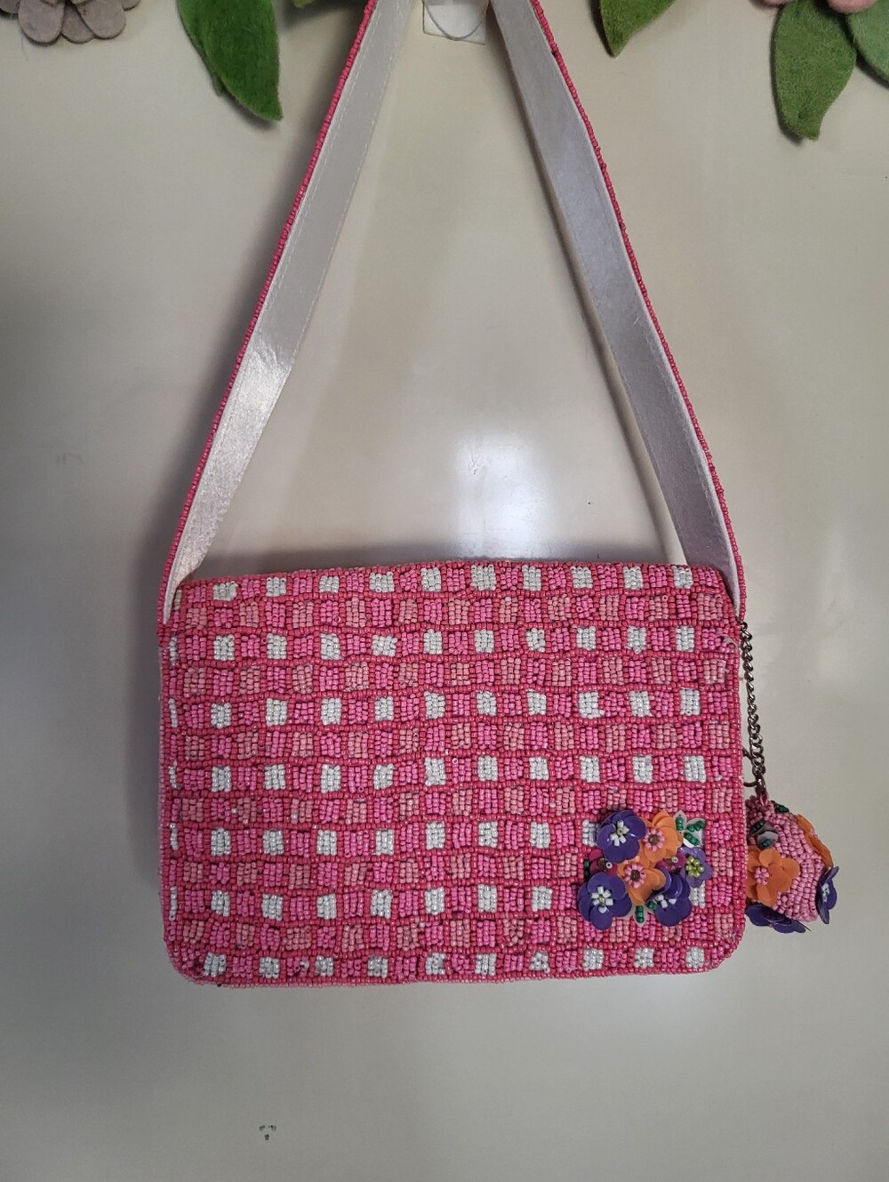 Handmade In India Pink Floral Beaded Bag With Beaded Charm - Picture 7 of 9